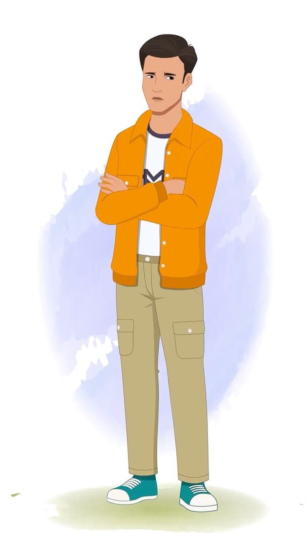 An annoyed Indian man in orange jacket animated character cartoon vector AKA Bharat