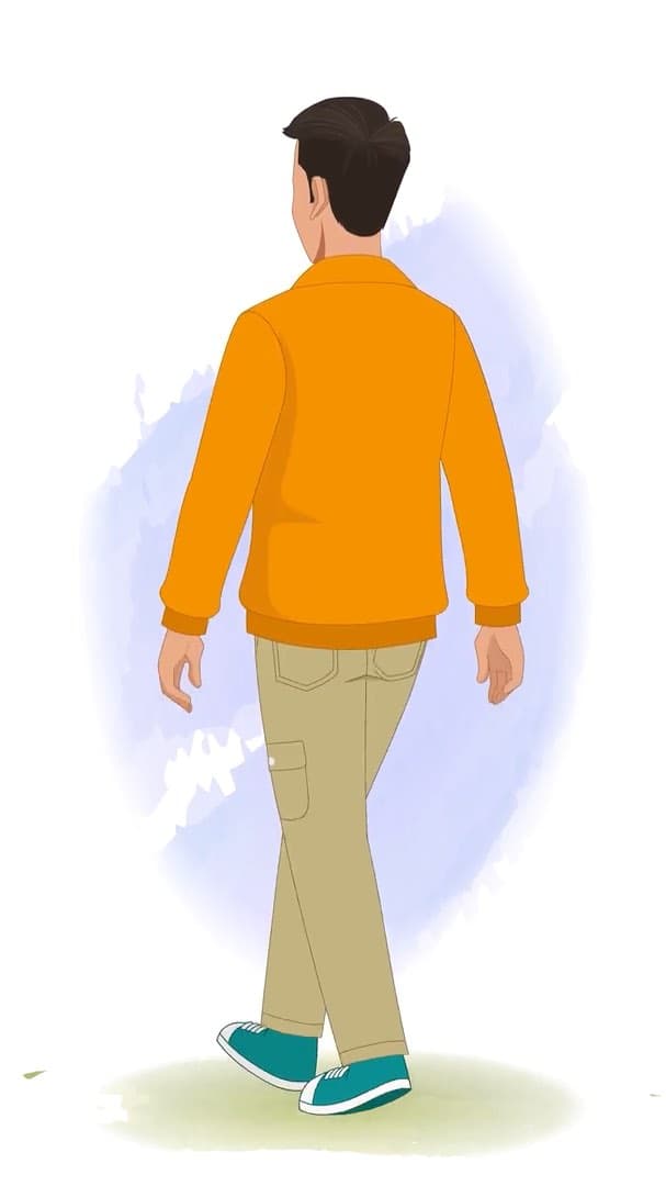 An Indian man in orange jacket walking in back third view animated vector cartoon character AKA Bharat