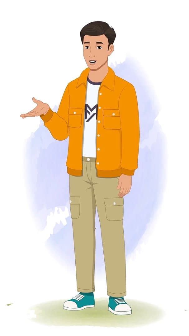 An Indian man in orange jacket talking animated vector cartoon character AKA Bharat
