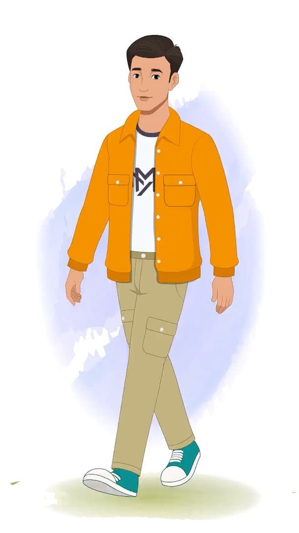 An Indian man in orange jacket walking animated vector cartoon character AKA Bharat