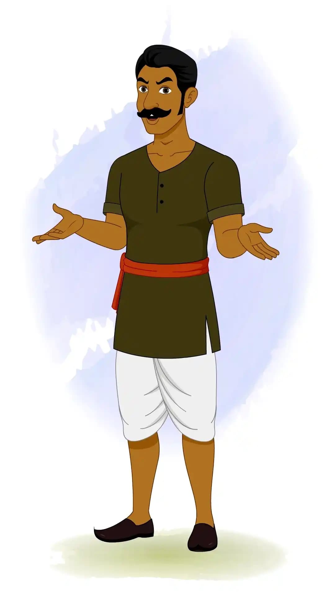 Cartoon-style Indian village thief character talking from a 1/3rd side angle with hand gestures, traditional outfit, and mustache, ideal for animation AKA Jaggu chor