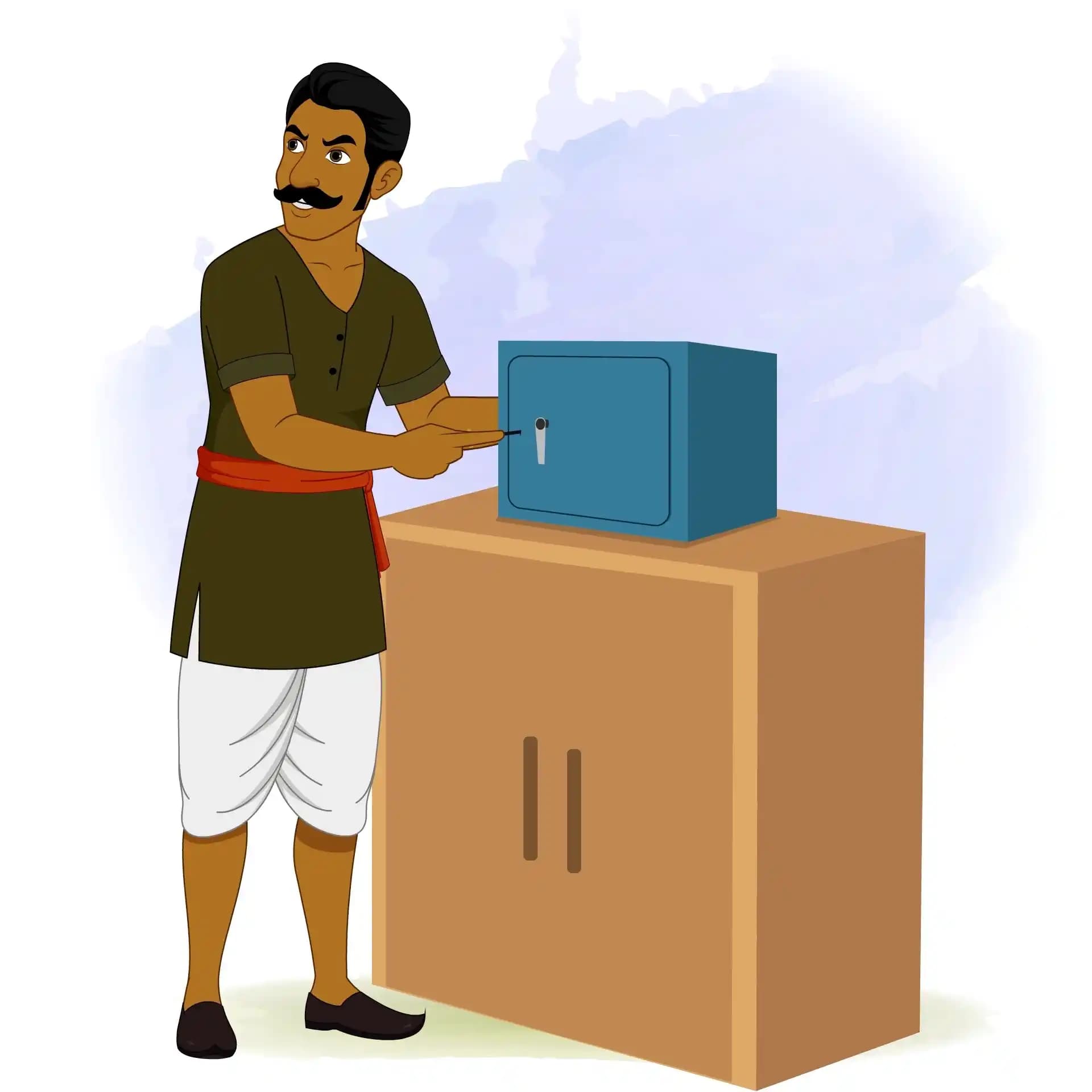 Indian cartoon-style thief character secretly opening a locker using a tool, looking around cautiously during a robbery scene – ideal for animation or storytelling AKA Jaggu chor