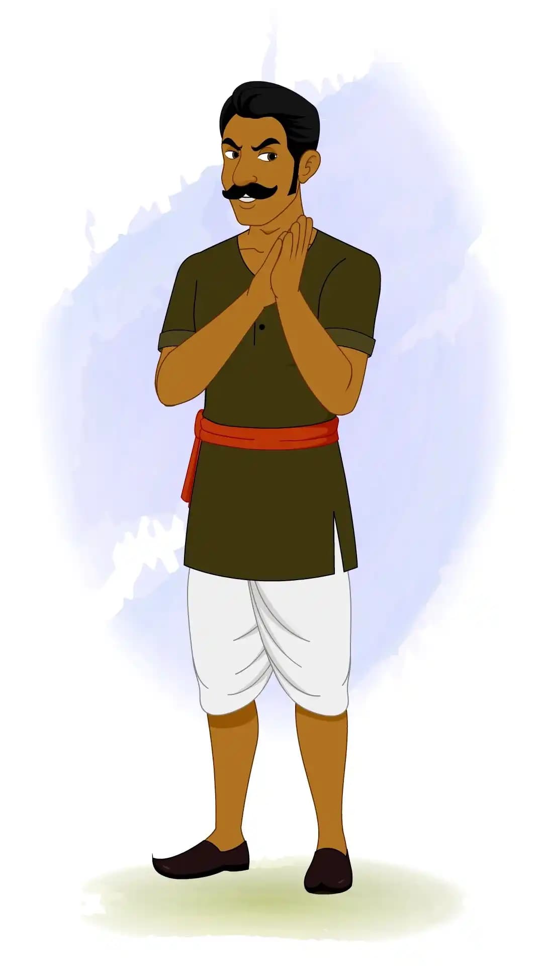 Cartoon-style Indian thief character with cunning smile and scheming hand gesture, dressed in traditional outfit – perfect for animated storytelling or comic scenes AKA Jaggu Chor