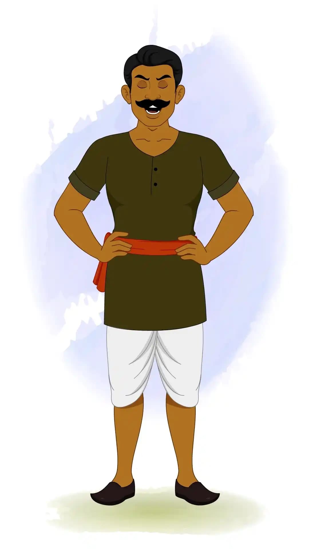 Front view of an Indian cartoon-style thief character laughing loudly with hands on waist, wearing traditional dhoti-kurta outfit and mustache – ideal for animated comedy scenes AKA Jaggu Chor
