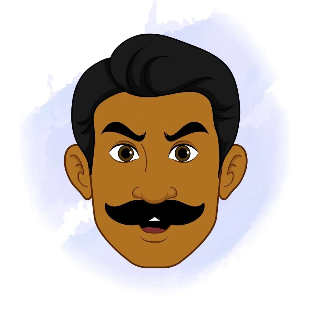 Static illustration of six cartoon Indian man heads showing distinct expressions: happy (wide smile), sad (downturned lips), angry (furrowed brows), surprised (wide eyes), confused (one eyebrow raised) and neutral (relaxed features) AKA Jaggu Chor