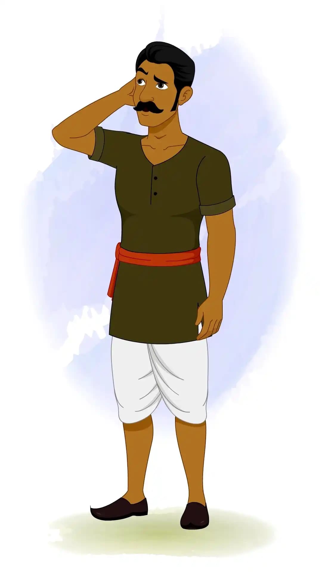 1/3rd side view of confused Indian cartoon character in traditional attire, touching head in worry or confusion – ideal for animation scenes showing dilemma or decision-making AKA Jaggu Chor