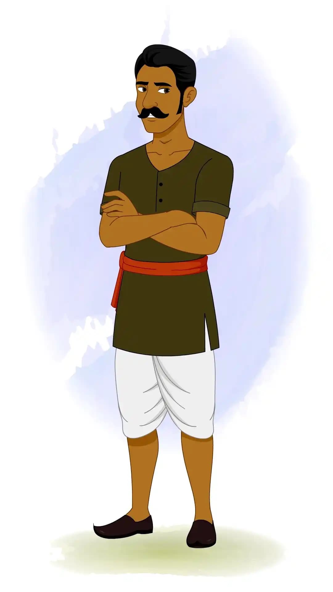 Animated Indian cartoon character with folded arms and annoyed expression, wearing traditional outfit with red waistband – ideal for angry, irritated, or disappointed scenes in 2D animation AKA Jaggu Chor