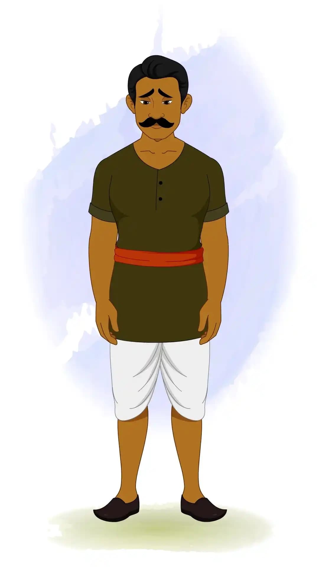 2D animated Indian thief standing with slumped shoulders and downcast eyes, wearing a dark green kurta, white dhoti, and red sash, conveying guilt and sadness in a stylized cartoon pose AKA Jaggu Chor