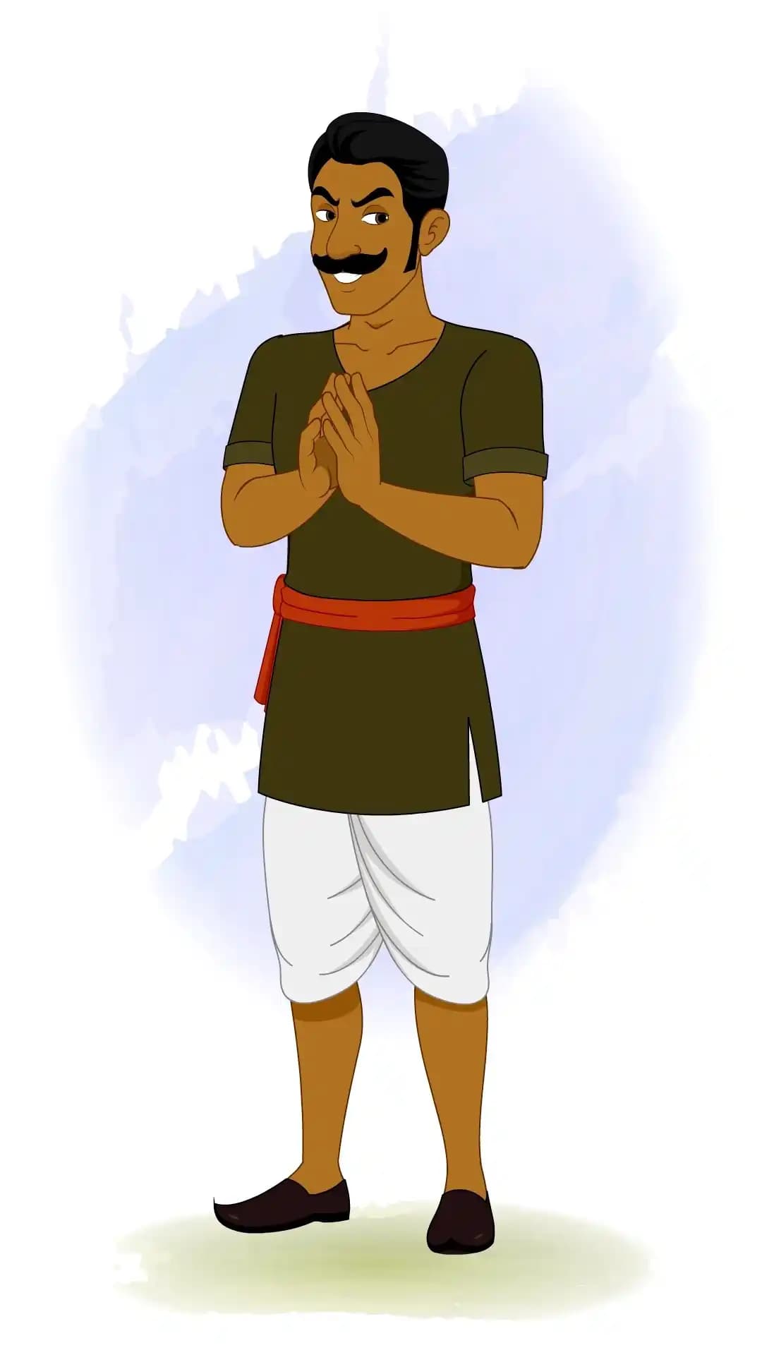 Animated Indian cartoon thief with a sly smile and folded hands, dressed in village attire – perfect for trickster, cunning, or scheming character animations and storytelling AKA Jaggu Chor