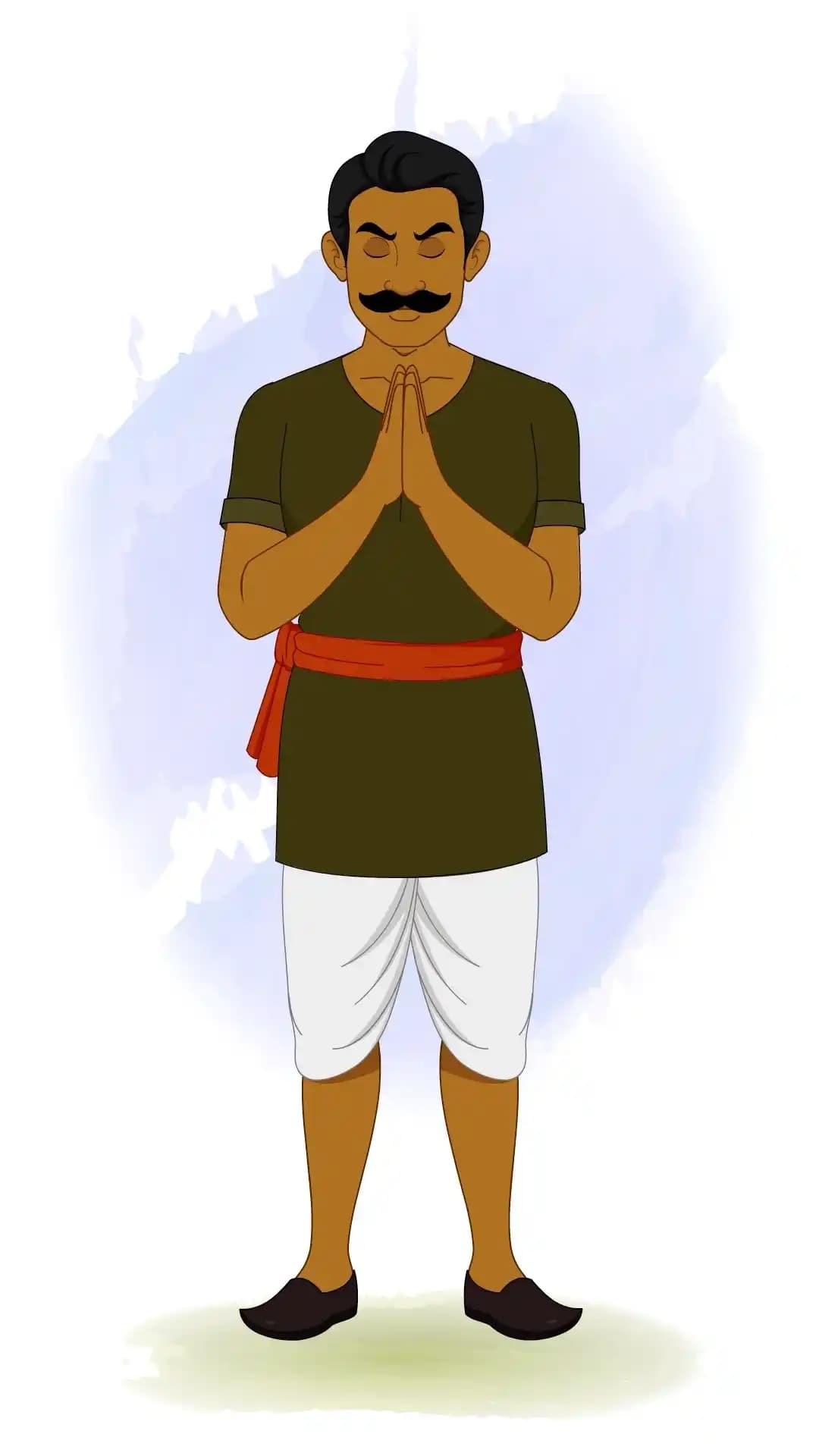 2D animated Indian man in a front-facing pose with eyes closed and hands joined in a namaste gesture, wearing a dark green kurta, white dhoti, and red sash, stylized cartoon AKA Jaggu Chor