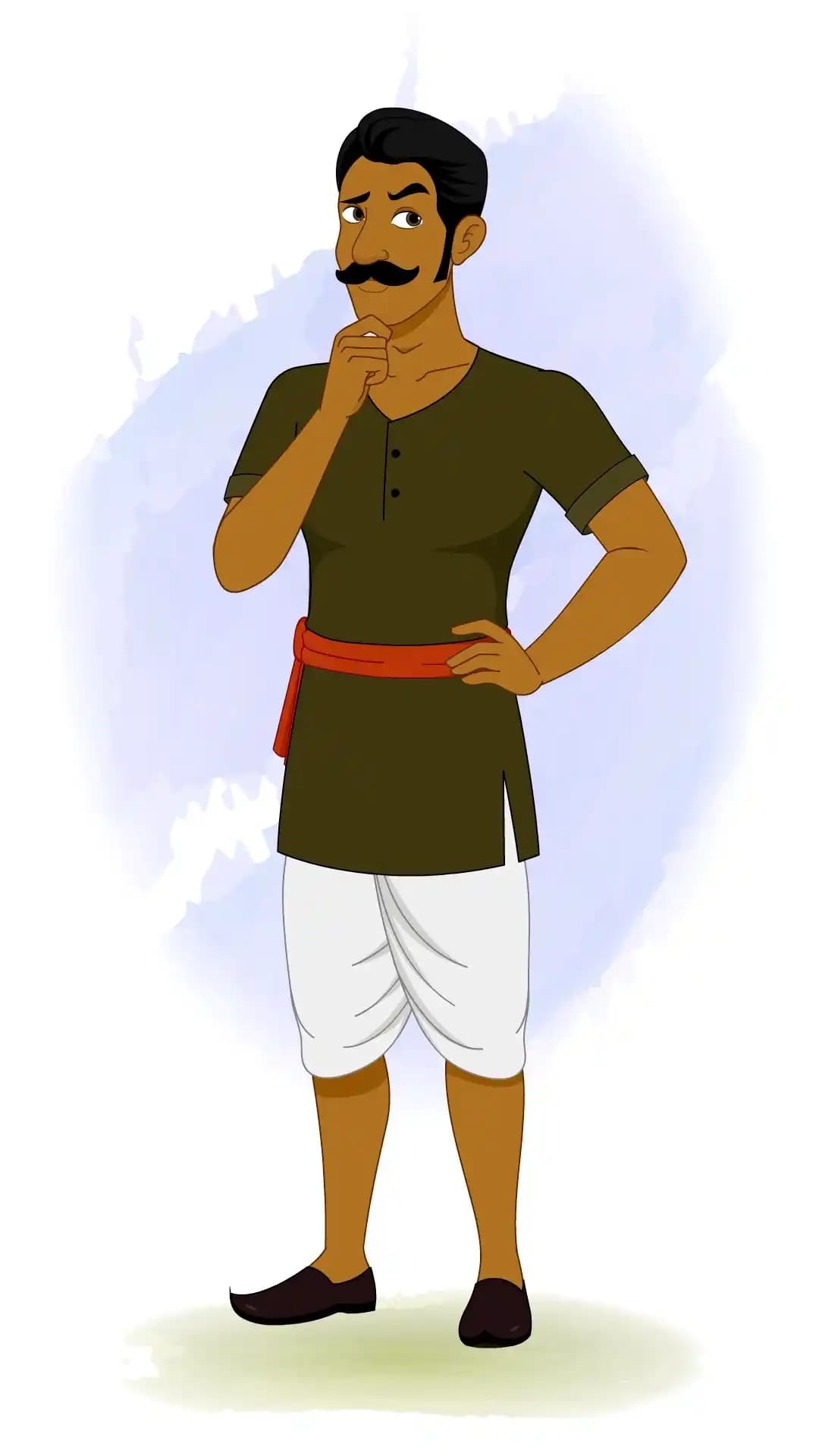 Animated Indian cartoon man in traditional dress with hand on chin and thinking expression – suitable for confused, doubt, or decision-making scenes in 2D animation videos AKA Jaggu Chor