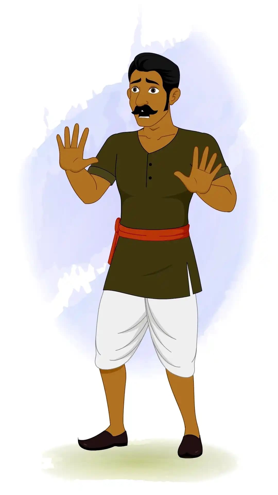 Animated cartoon thief in traditional Indian outfit looking scared with both hands raised – suitable for panic, fear, or caught-in-the-act scenes in 2D animation or explainer videos AKA Jaggu Chor