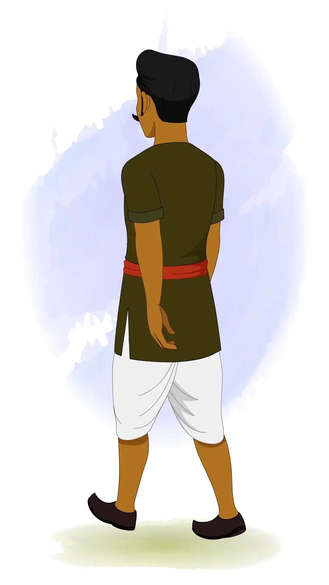 2D animated Indian man walking away from viewer in a three‑quarter back view, wearing a dark green kurta, white dhoti, and red sash, with one foot forward and arms swinging in a stylized cartoon AKA Jaggu Chor