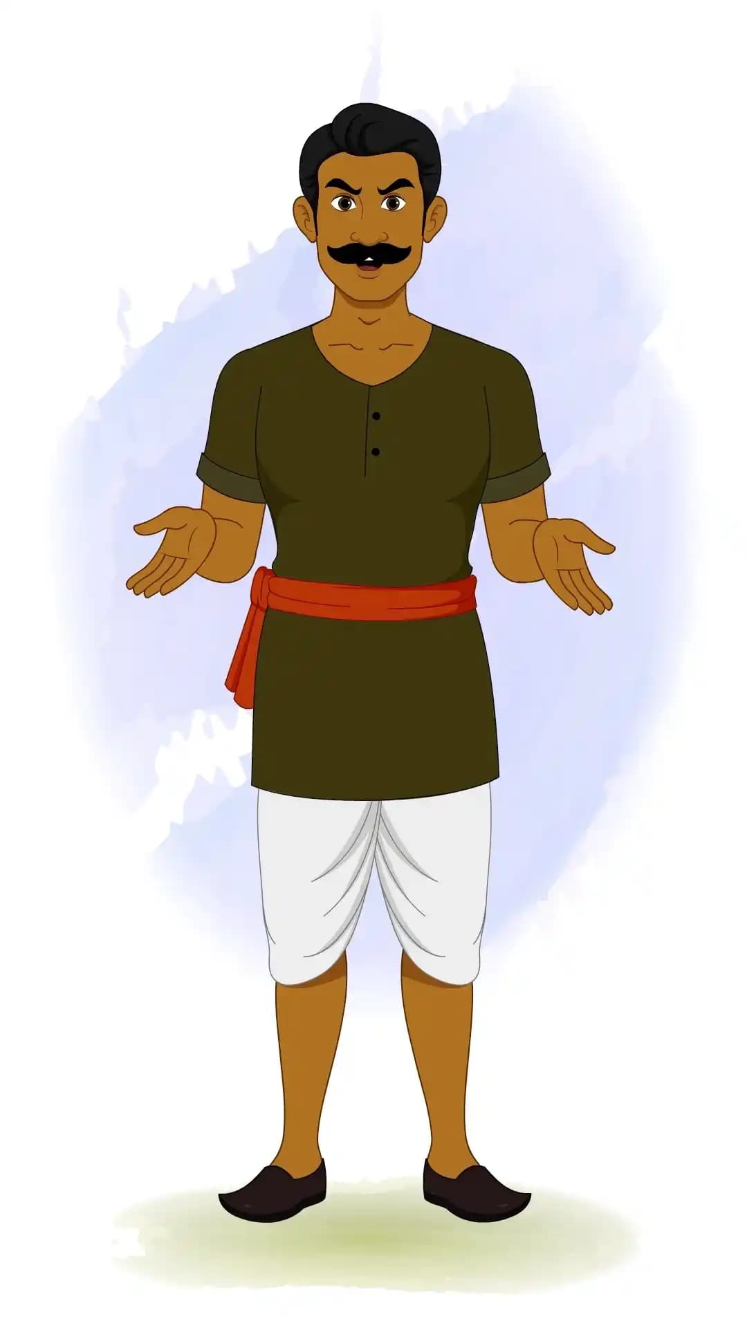 2D animated Indian man speaking in a front‑facing pose, wearing a dark green kurta, white dhoti and red sash, arms open and palms up, stylized cartoon expression AKA Jaggu Chor