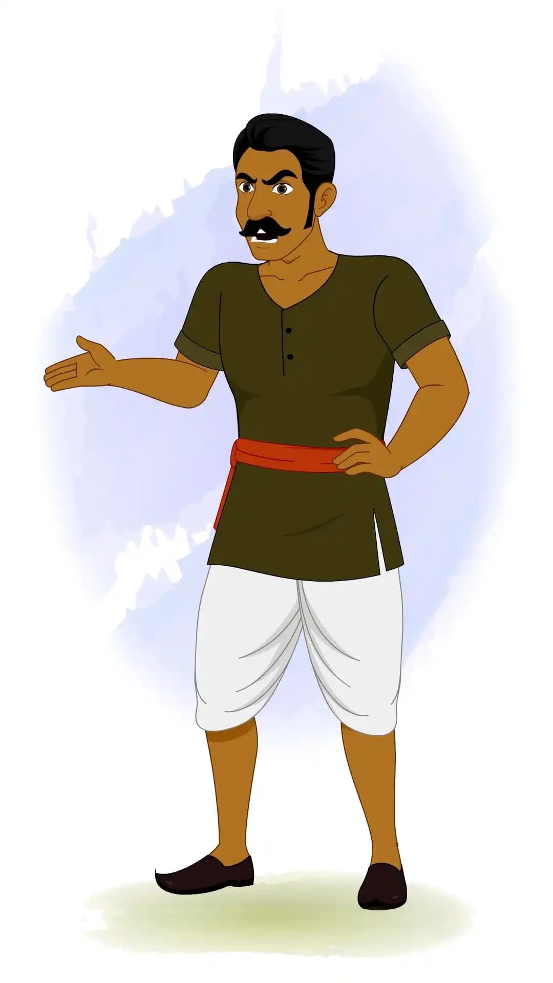 2D animated Indian character in a key pose of anger, wearing a dark green kurta, white dhoti with a red sash, one hand on hip and the other outstretched, stylized cartoon expression with furrowed brows and open mouth AKA Jaggu Chor