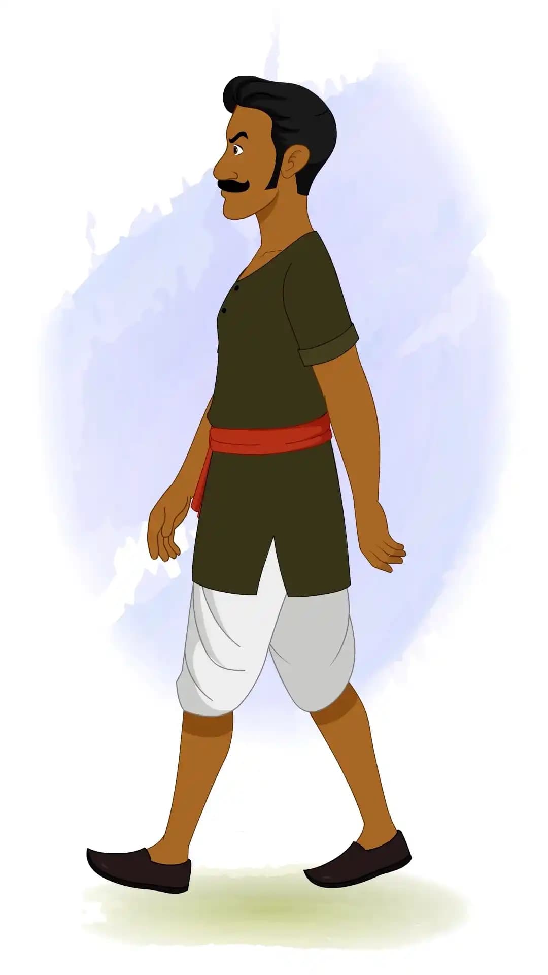 2D animated Indian man walking in a side profile view, wearing a dark green kurta, white dhoti, and red sash, one foot forward and arms naturally swinging, stylized cartoon AKA jaggu Chor