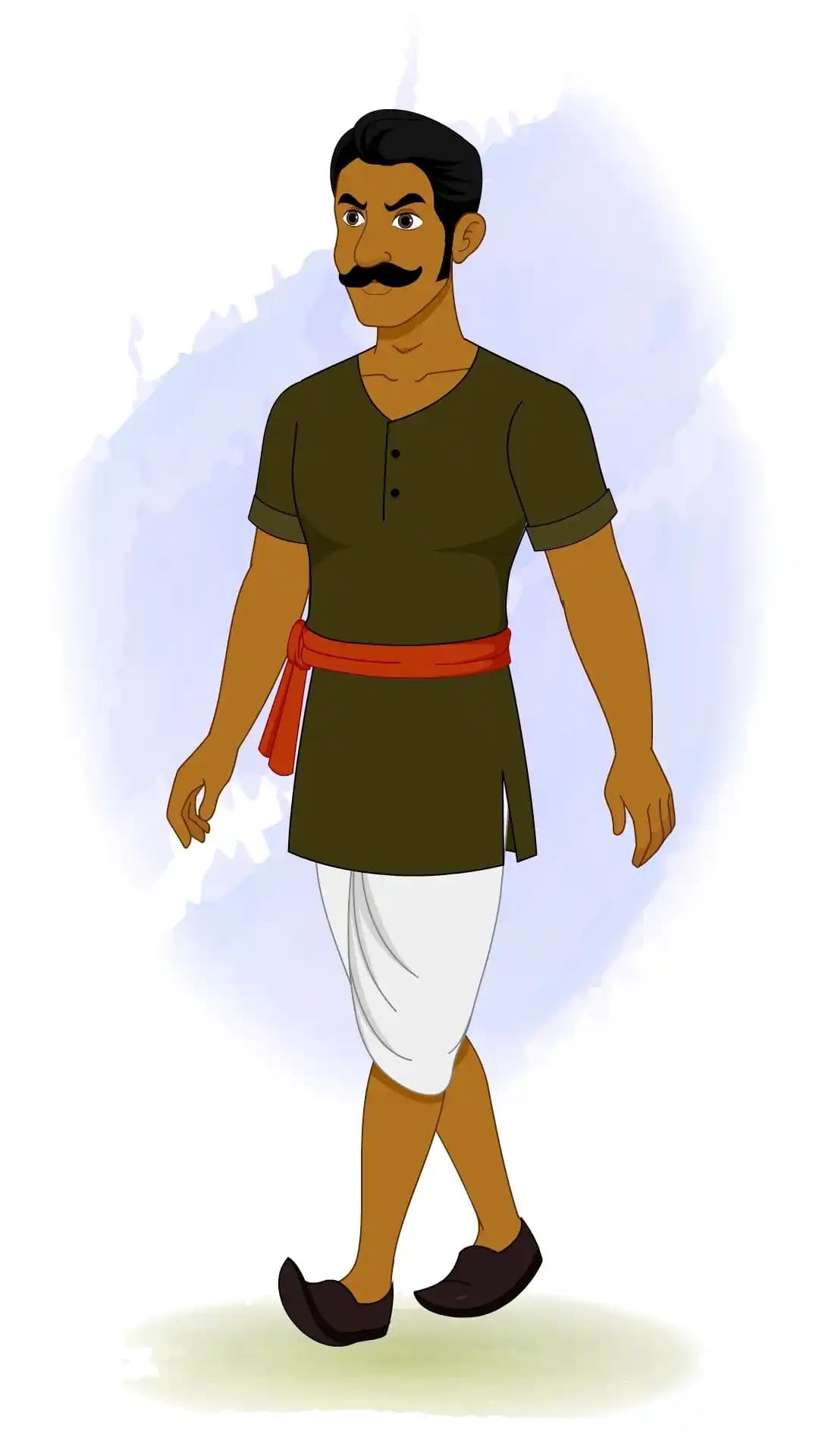 2D animated Indian man walking in a three‑quarter profile view, wearing a dark green kurta, white dhoti, and red sash, with one foot forward and arms swinging in a stylized cartoon pose AKA Jaggu Chor