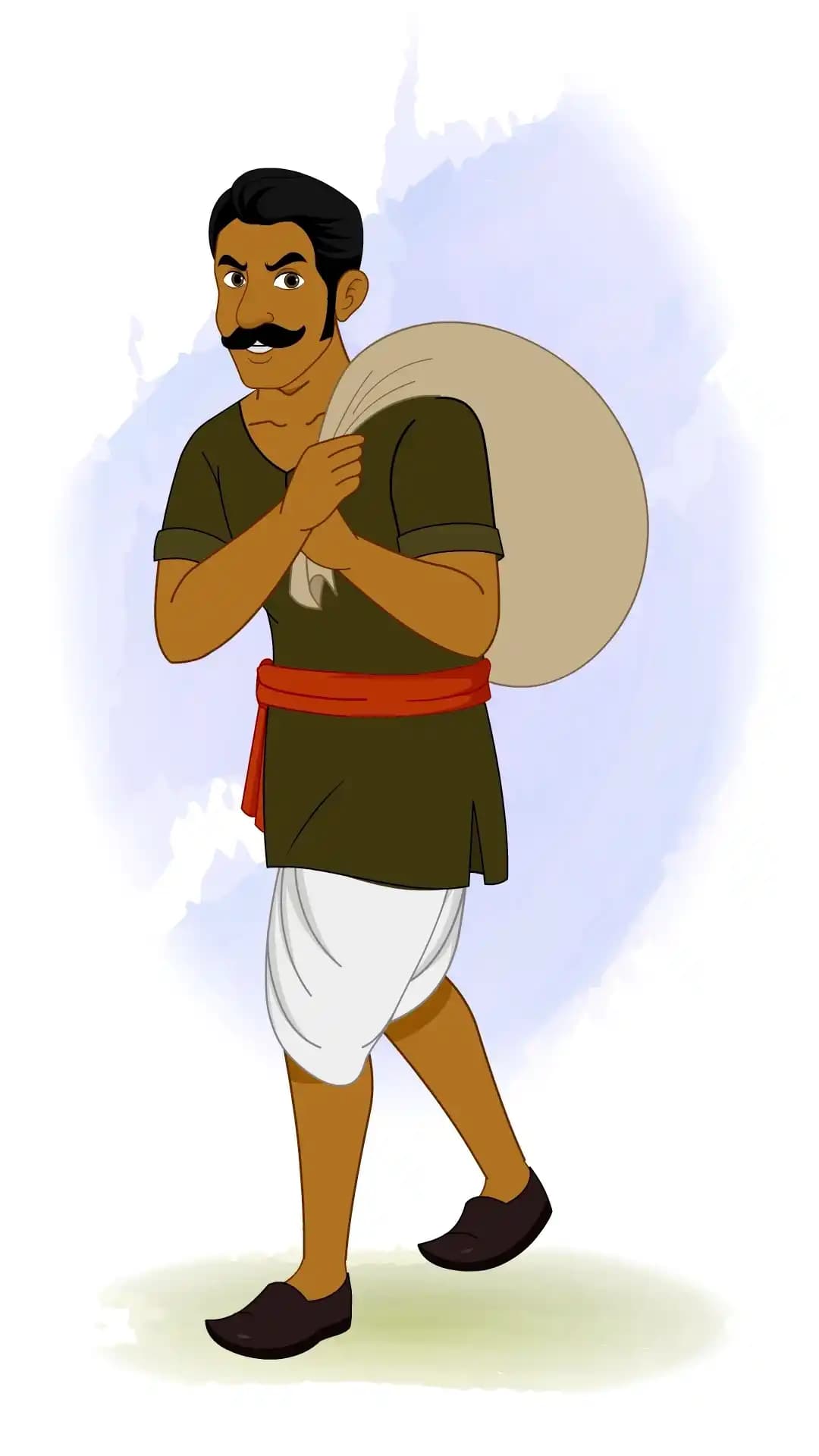 2D animated Indian thief sprinting away while carrying a large sack of stolen goods, stylized cartoon with dynamic running pose AKA Jaggu Chor