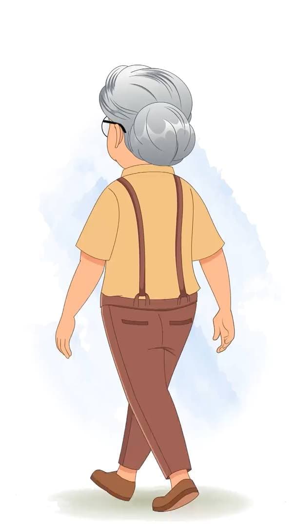 An old woman walking in back third view animated vector cartoon character AKA Sandra
