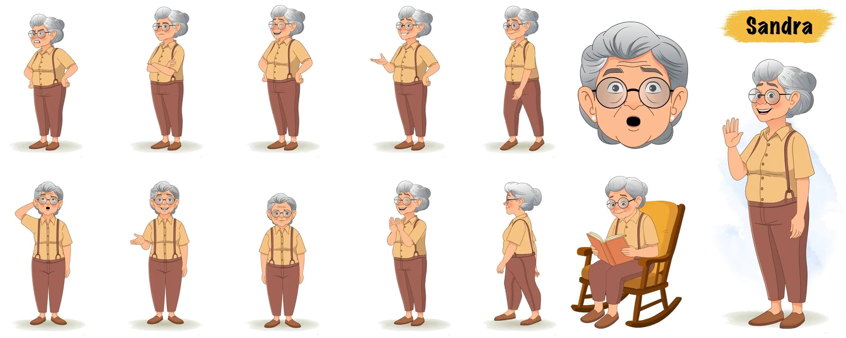 Old woman animated vector cartoon character model sheet AKA Sandra