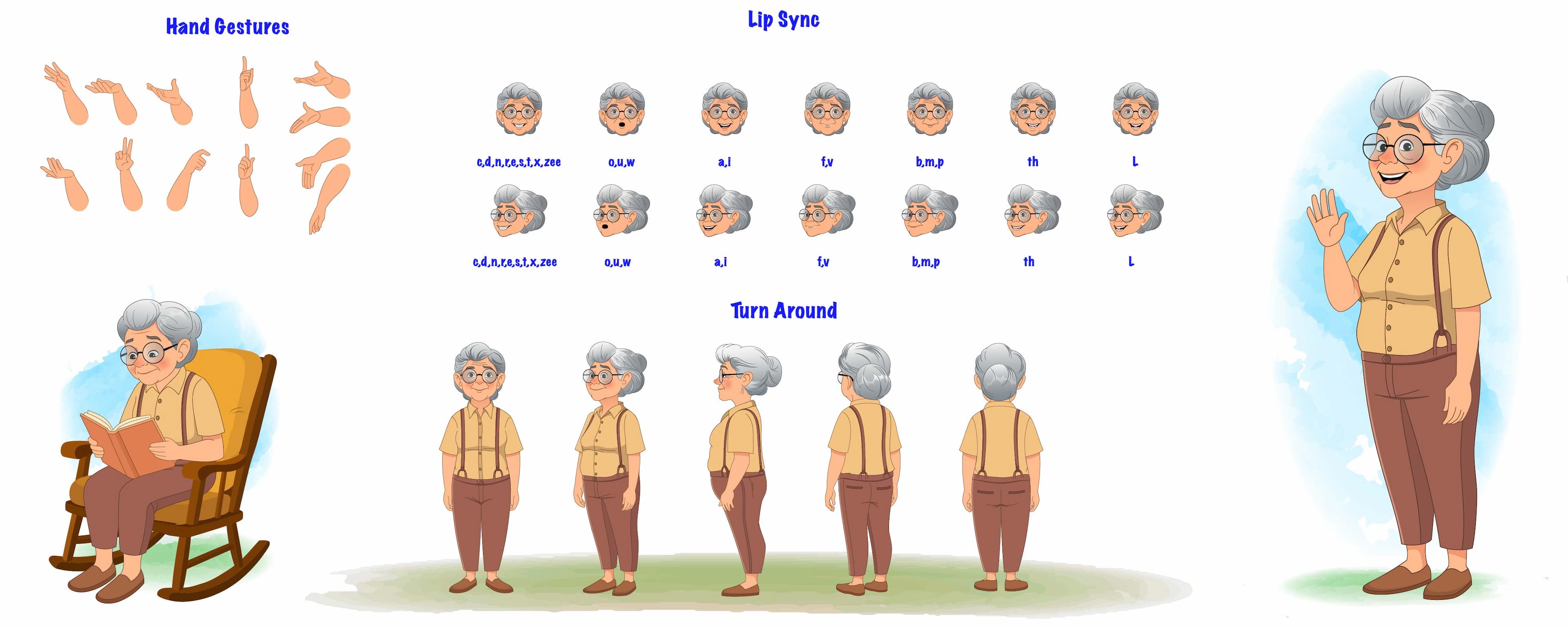 An old woman modelsheet/turnaround pose hand gesture and lip-sync vector cartoon character set AKA Sandra