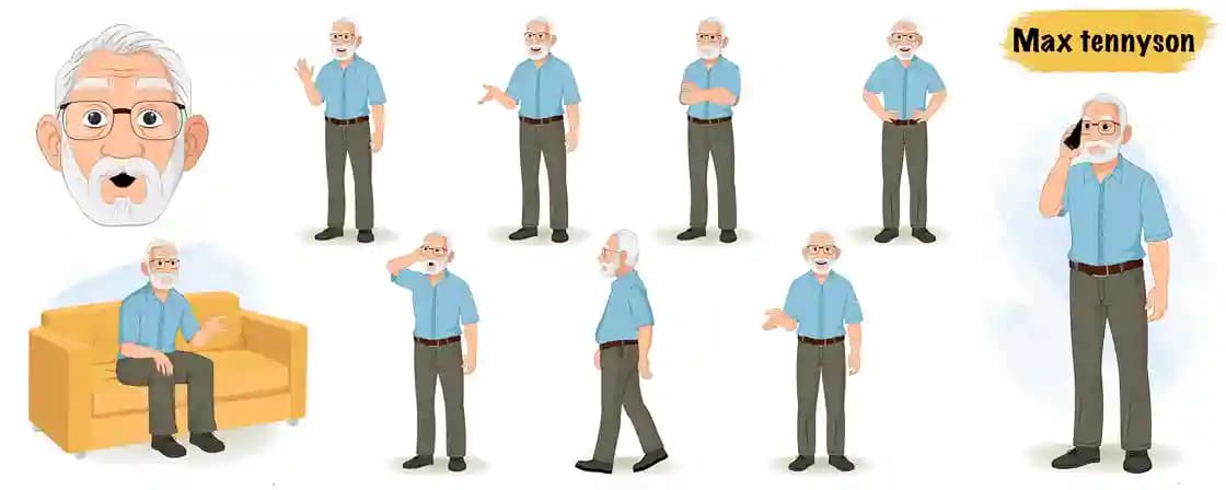 Elderly Gentleman Animated Vector Cartoon Character Model sheet AKA Max Tennyson