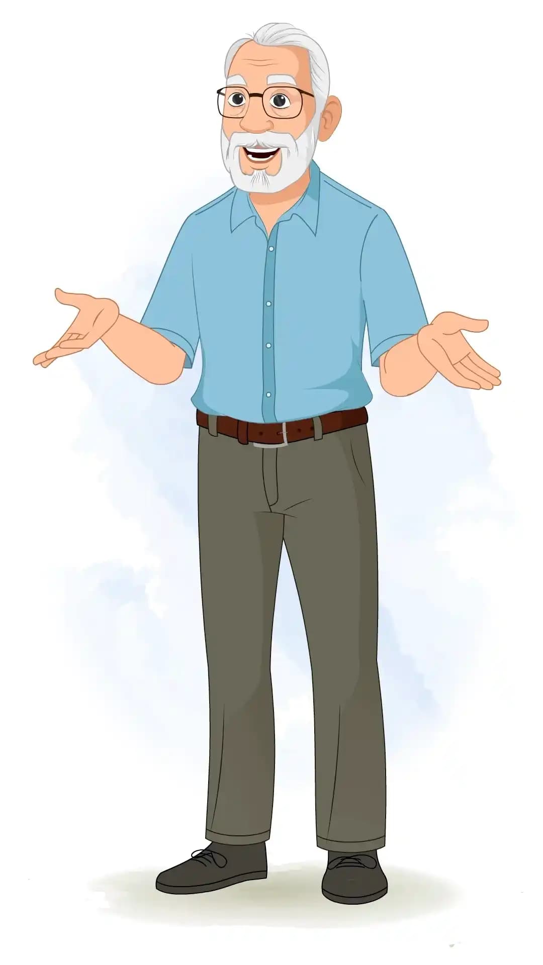 2D vector cartoon of an elderly man in a mid‑three‑quarter view talking pose with hand gestures AKA Max tennyson