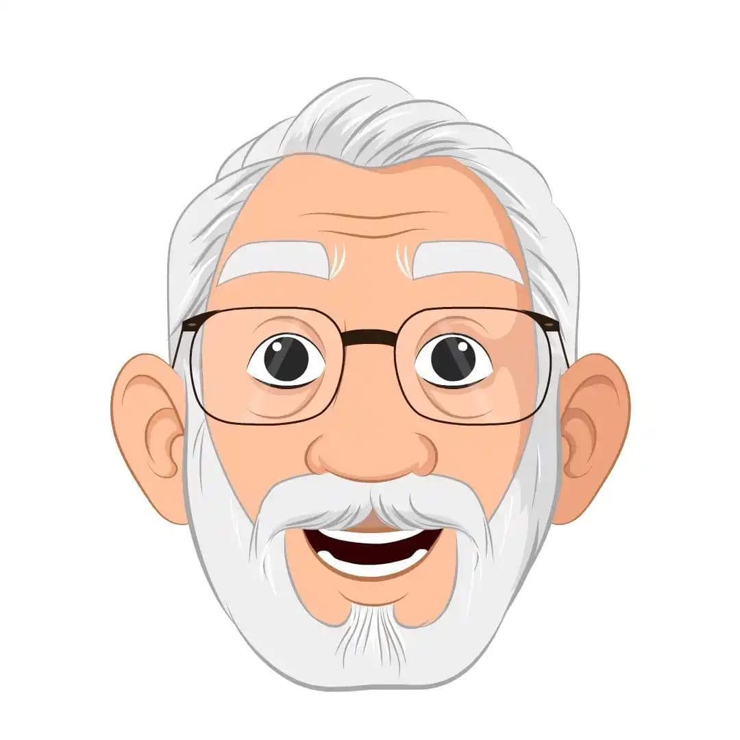 Vector model sheet showing an elderly cartoon character’s multiple facial expressions in one file AKA Max tennyson