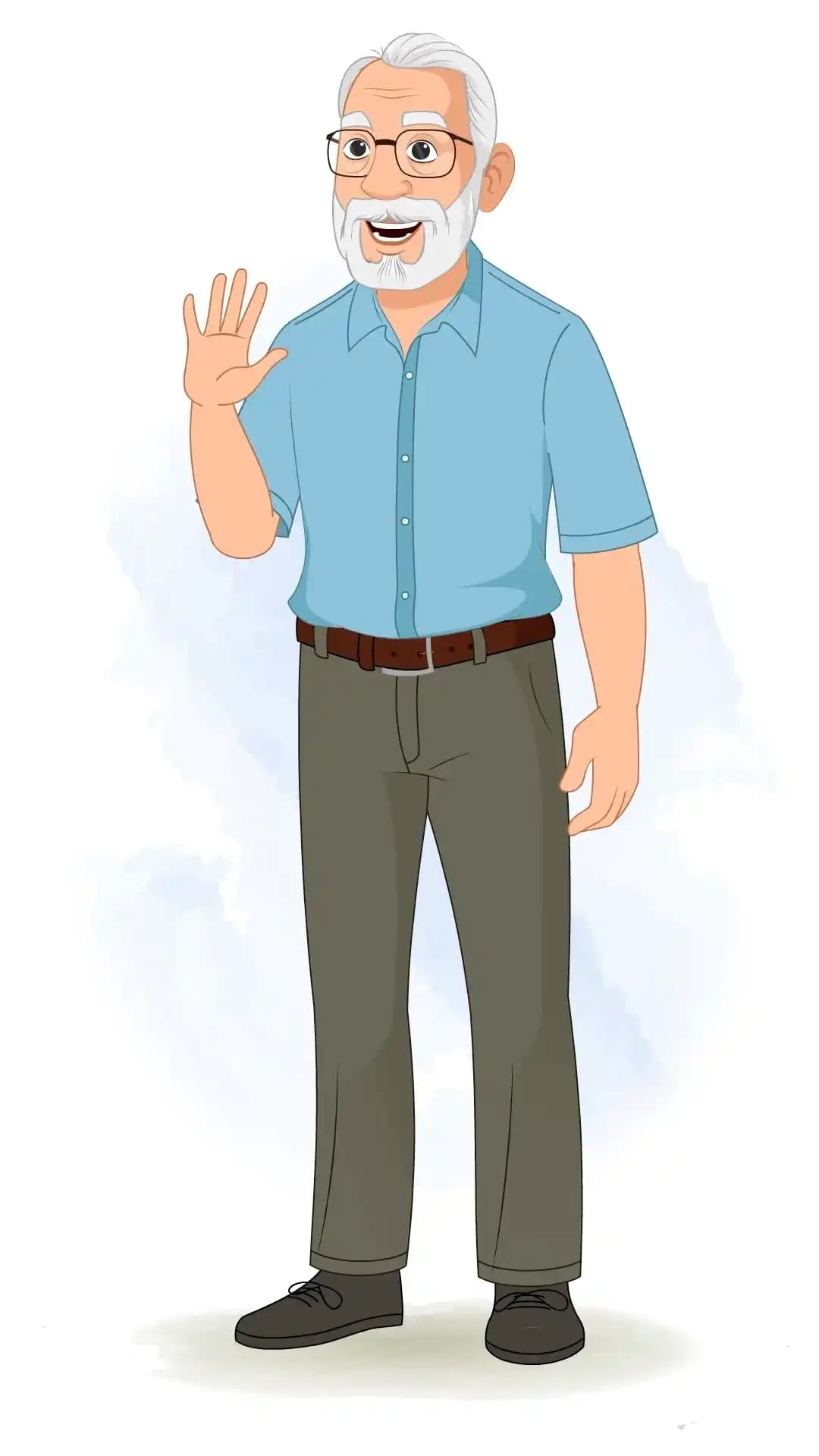 2D vector cartoon of an elderly man waving hand and smiling in a front talking greeting pose AKA Max tennyson