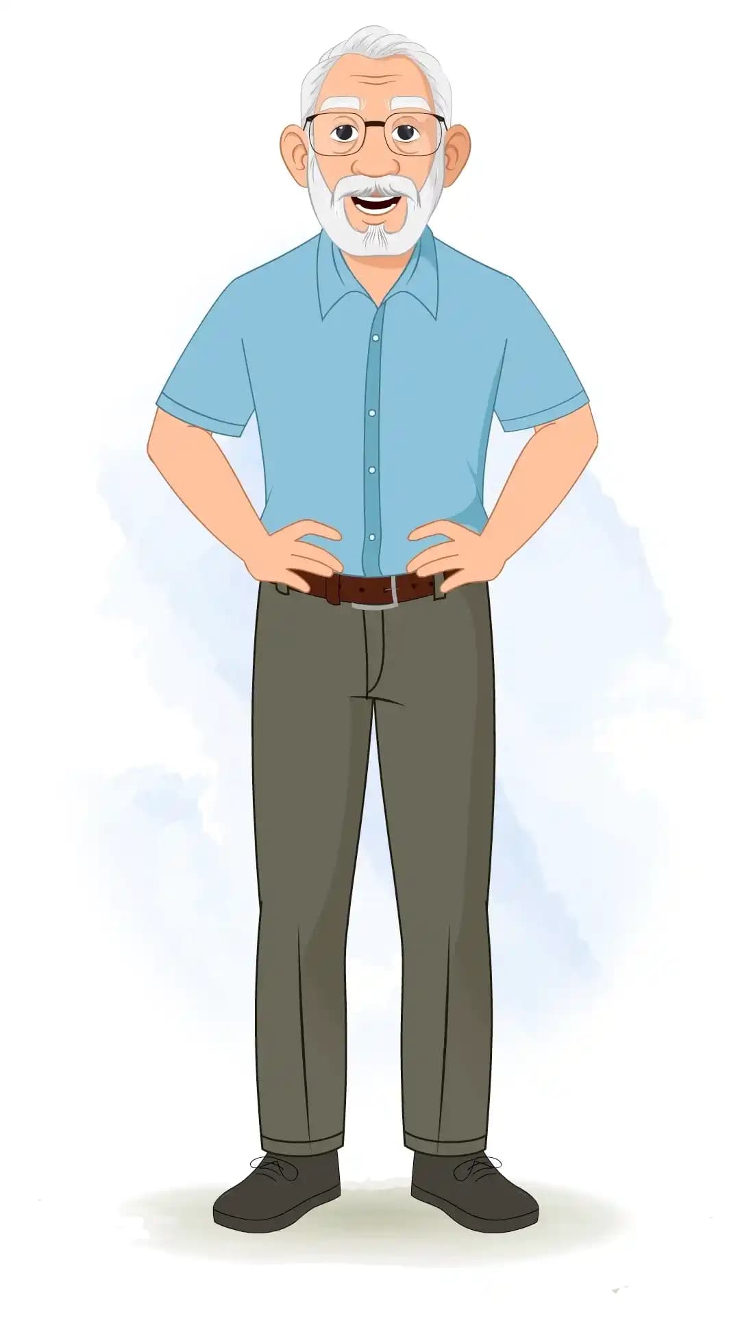2d vector cartoon of an elderly man standing front view laughing with hands on hips AKA Max Tennnyson