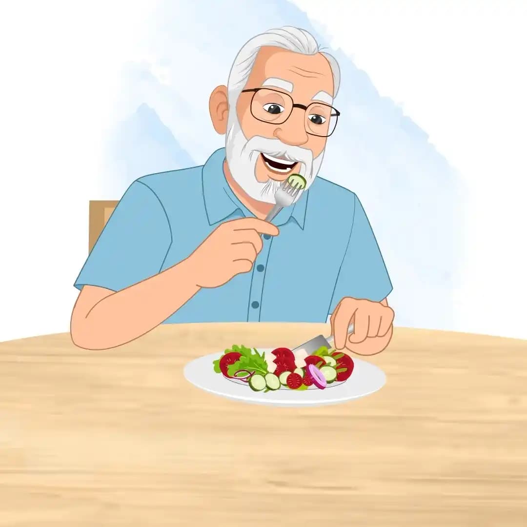 Vector illustration of an elderly cartoon character eating salad at a table, front view AKA Max tennyson