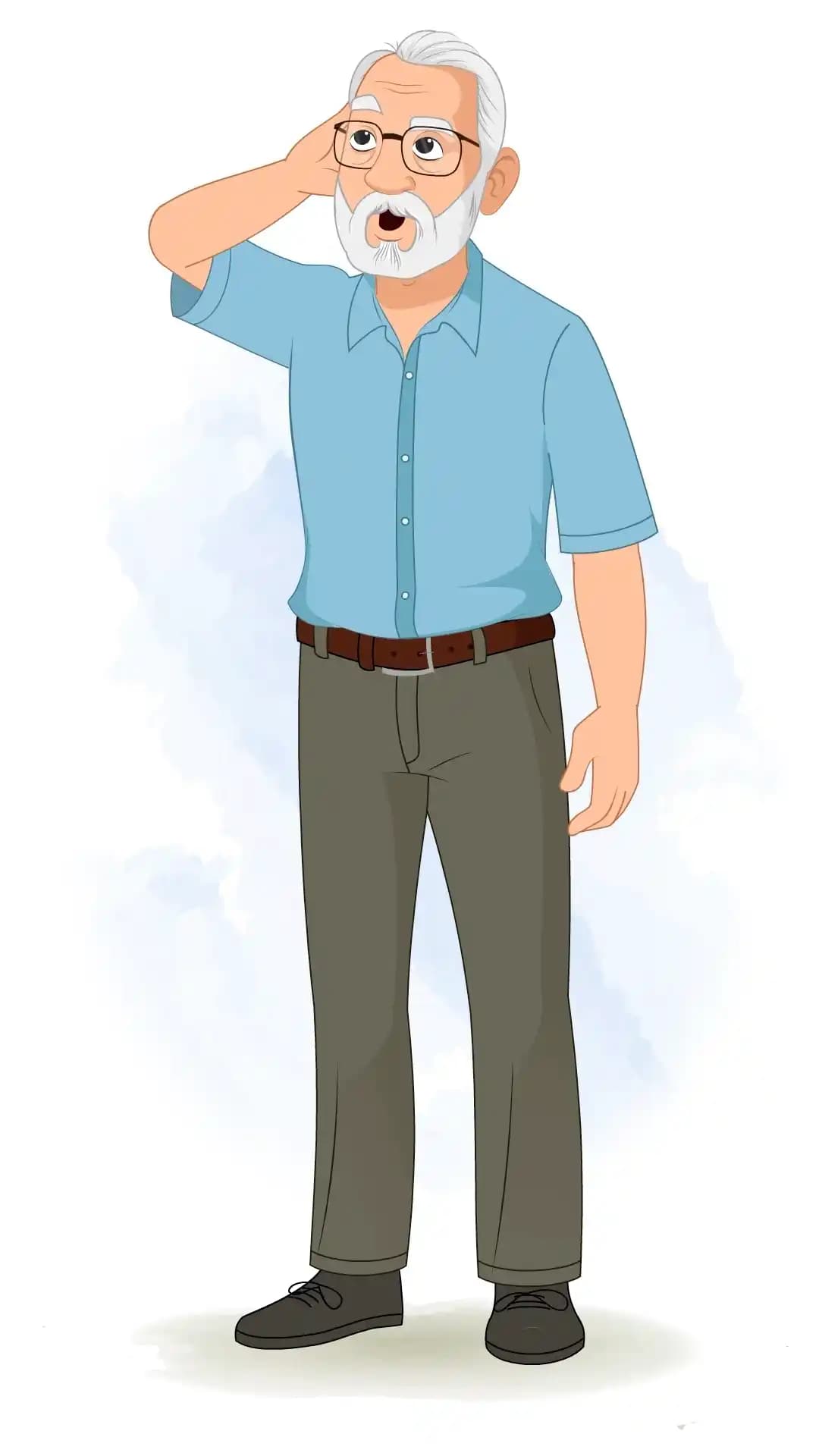2D vector cartoon of an elderly man in a mid‑three‑quarter view looking confused with hand to head gesture AKA Max tennyson