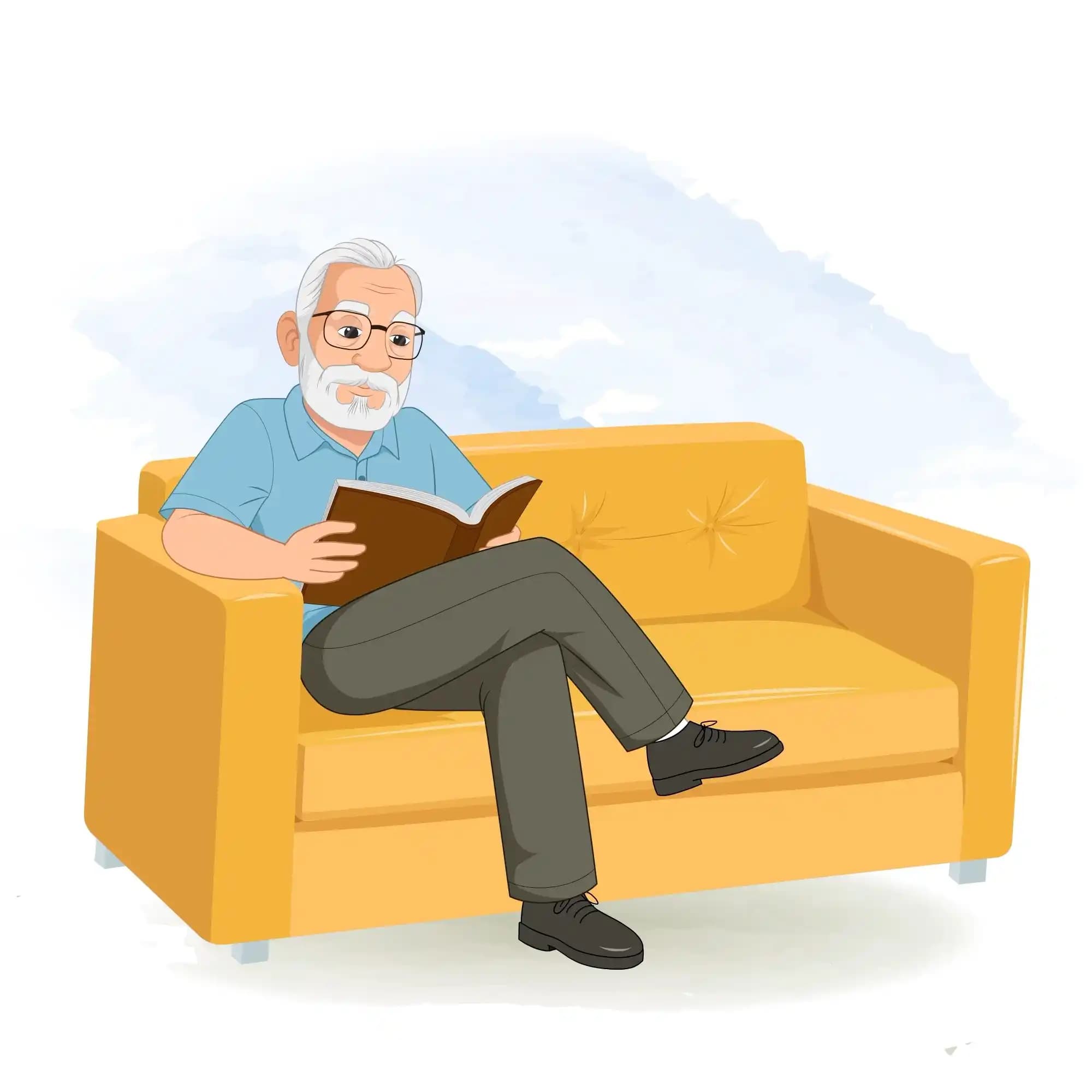 Animated front view of an elderly cartoon character sitting on a sofa reading a book AKA Max tennyson