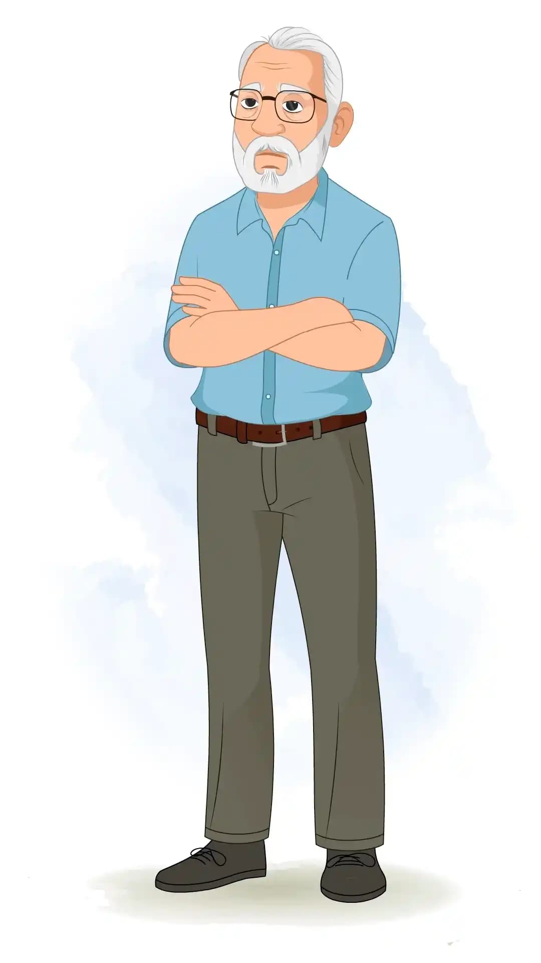 2D vector cartoon of an elderly man standing with arms crossed and an annoyed expression in a one‑third view pose AKA Max Tennyson