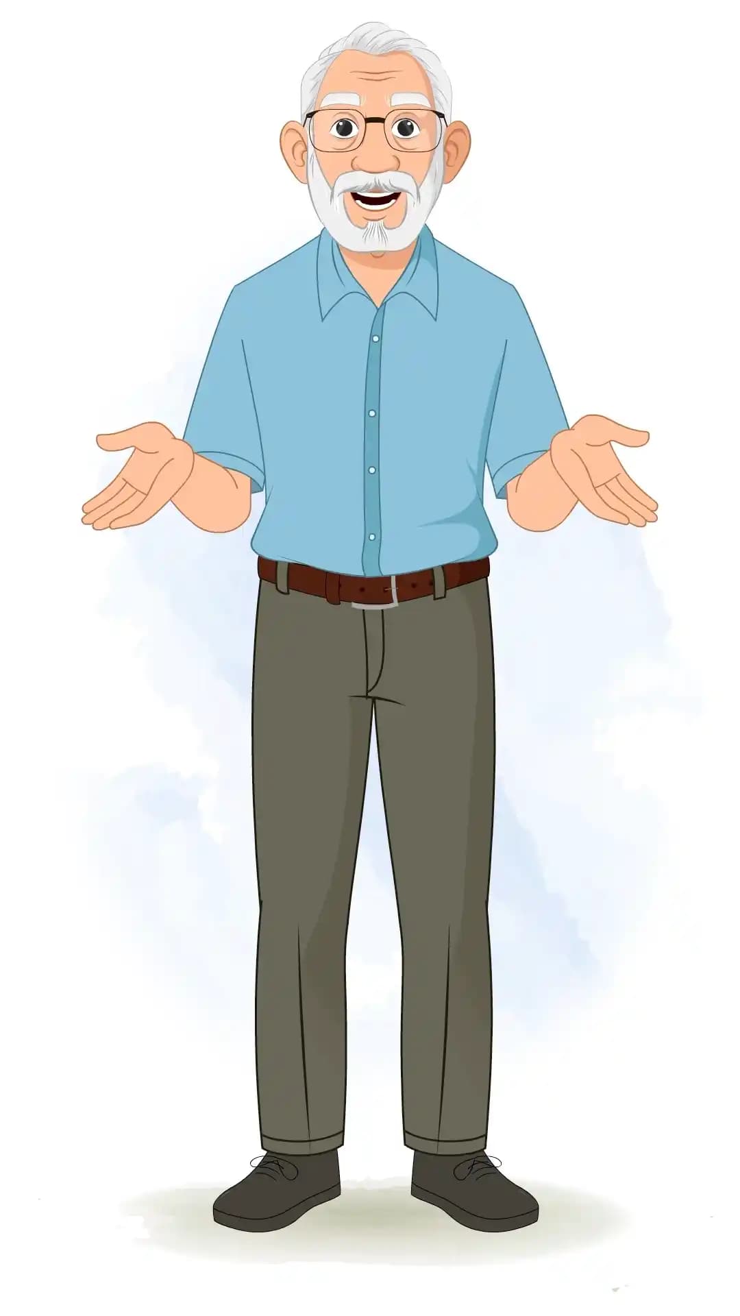 2D animated elderly man vector character front view talking gesture AKA Max tennyson