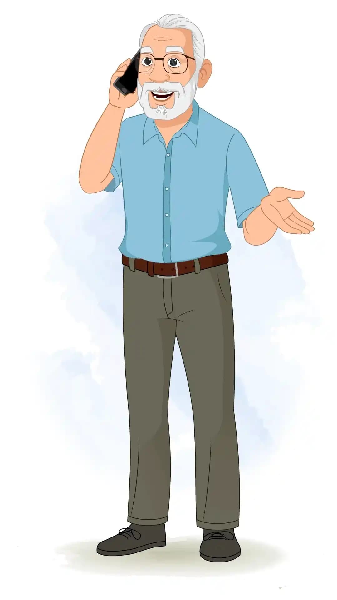 Front view of an animated elderly cartoon character holding a smartphone to his ear and talking AKA Max tennyson