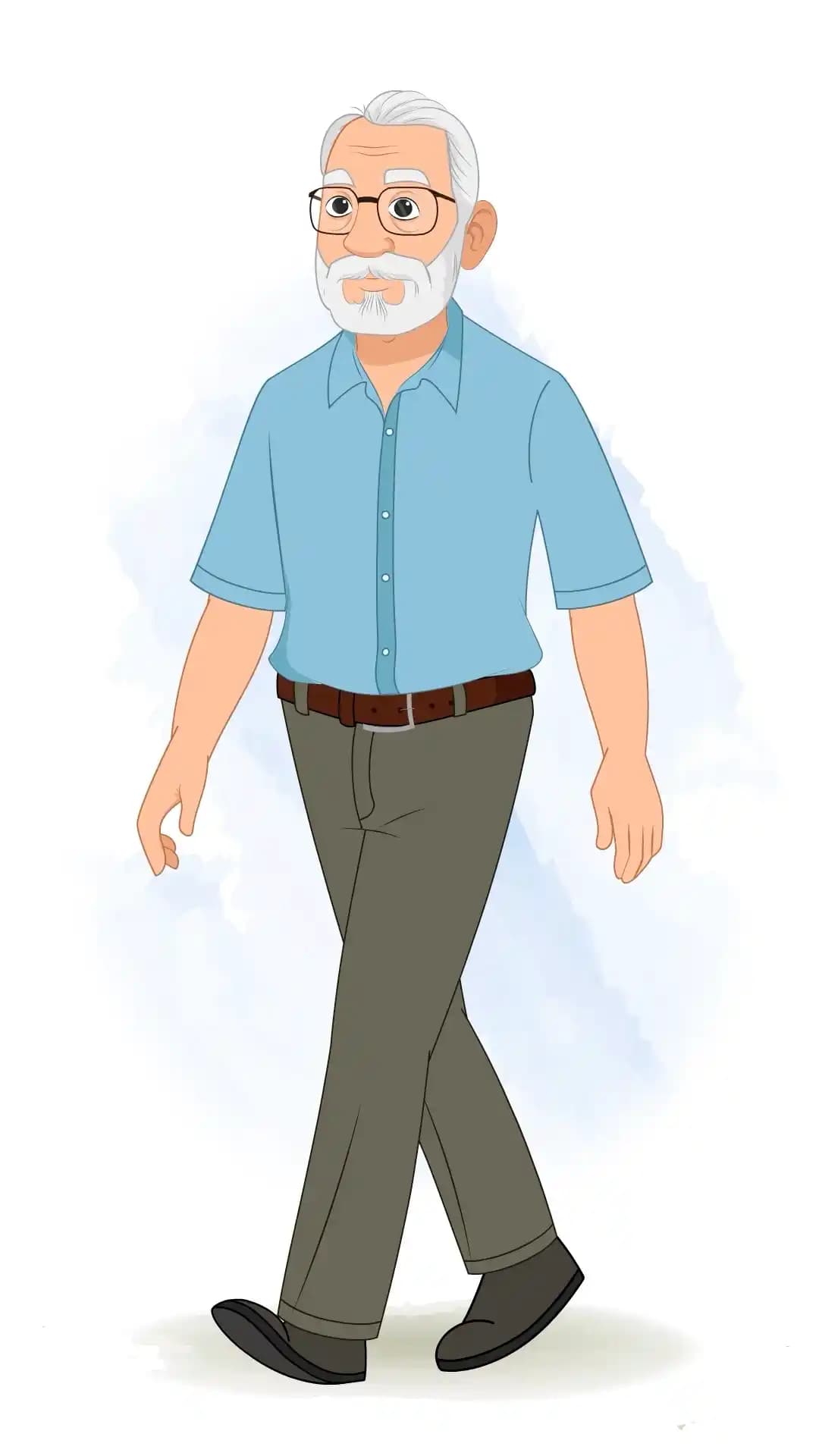 Vector illustration of an elderly cartoon character walking in a three‑quarter view AKA Max tennyson
