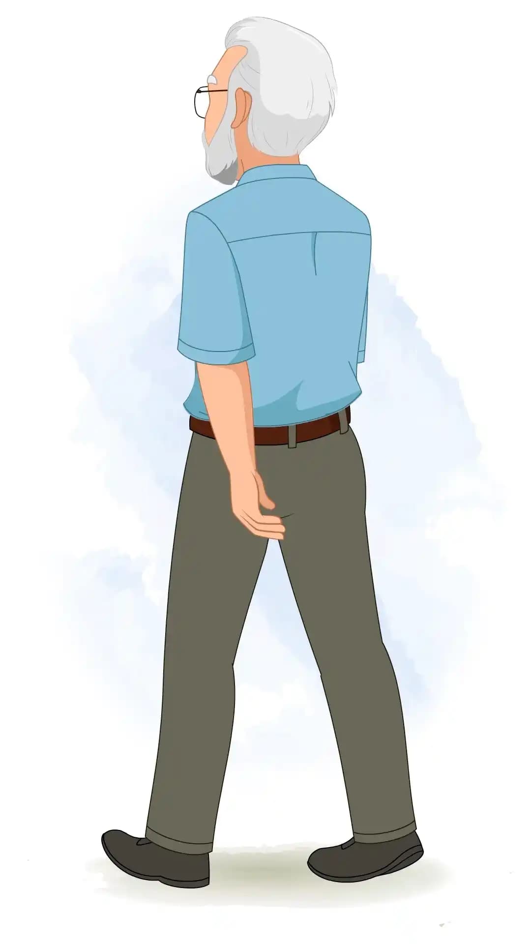 Vector illustration of an elderly cartoon character walking away, back view, third step AKA Max tennyson