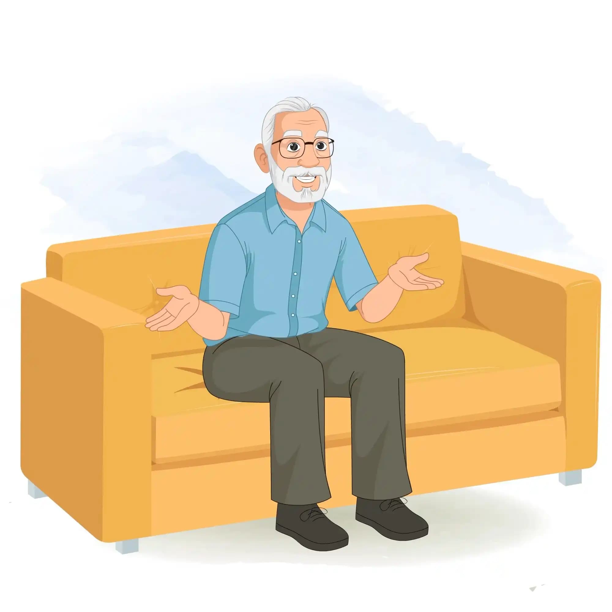 Vector illustration of an elderly cartoon character sitting on a sofa and talking, front view AKA Max tennyson