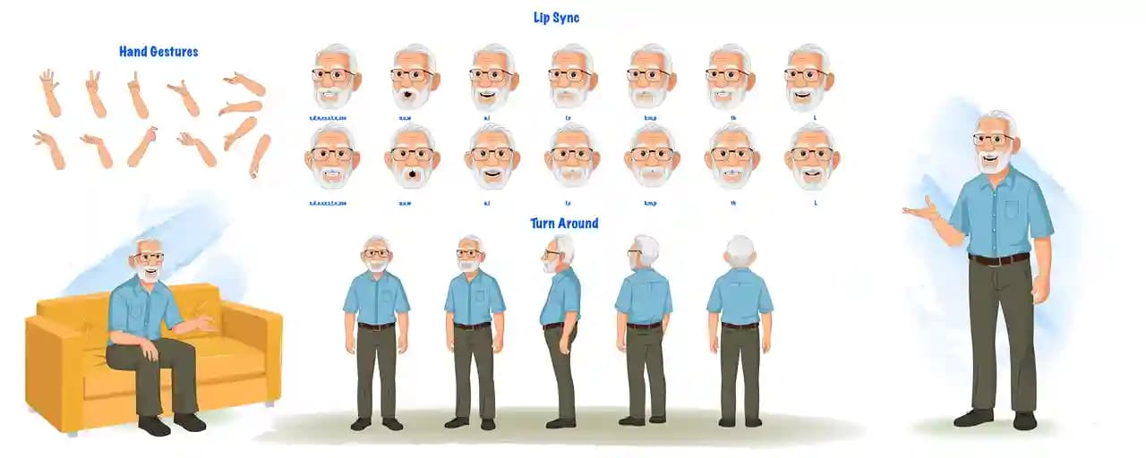 Vector character model sheet of an elderly man showing multiple hand gestures, lip‑sync mouth shapes and turn‑around poses in still illustration AKA Max tennyson