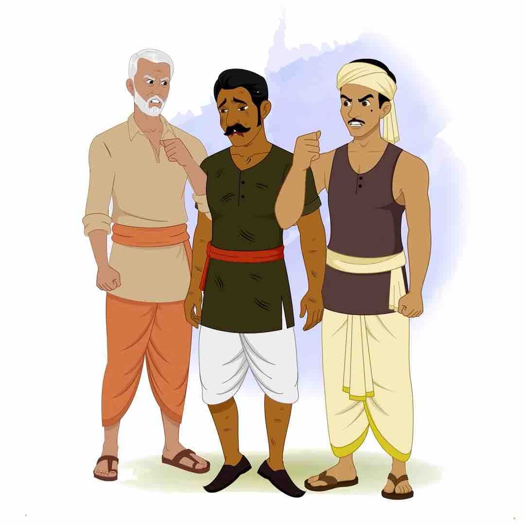 An Indian village thief getting beaten by villager animated vector cartoon character AKA jaggu chor