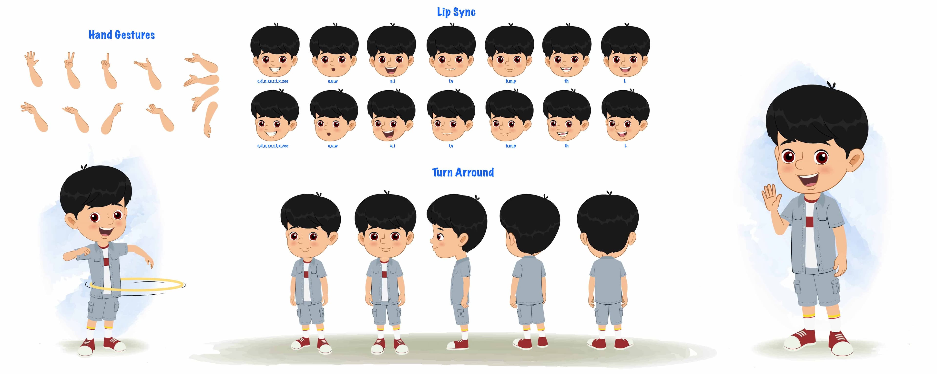A little Indian boy cartoon character construction/model sheet aka aarav