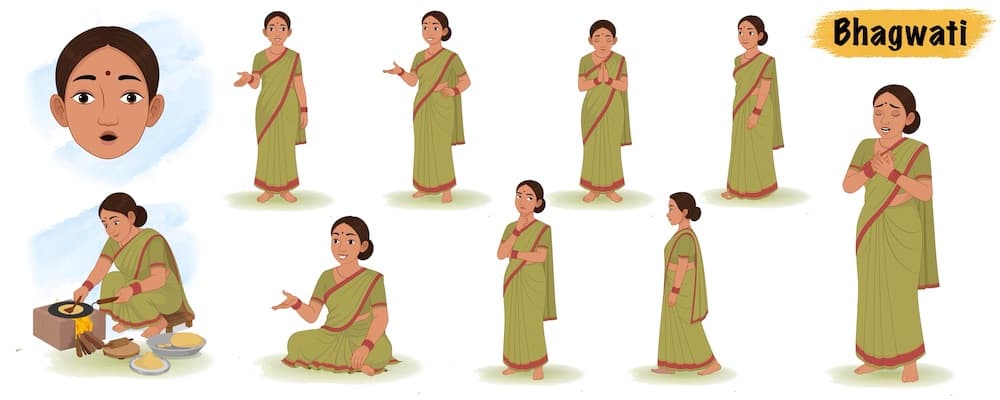 An Indian Palace Maid Animated Vector Cartoon Character Model Sheet AKA Bhagwati