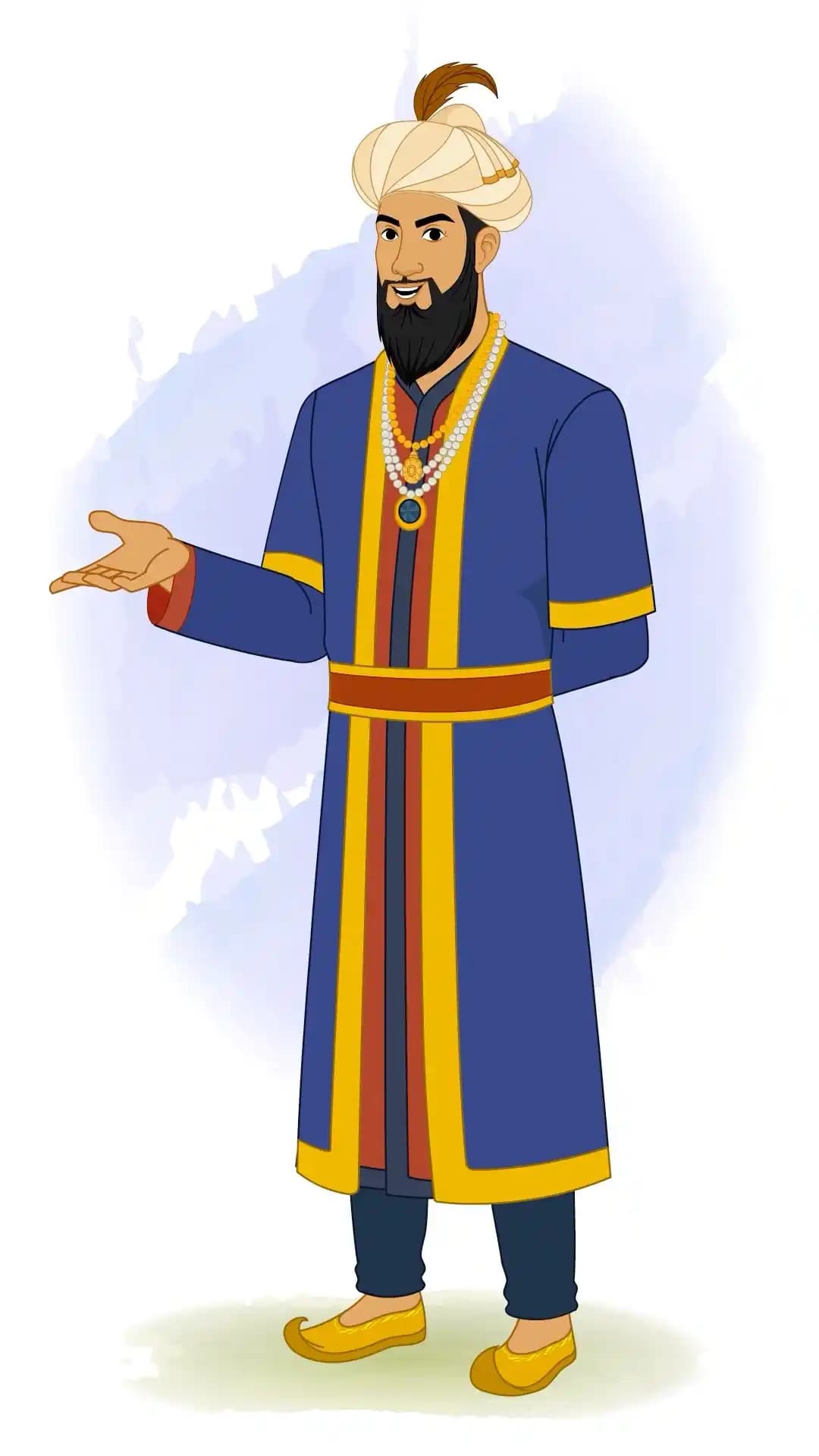 Animated vector cartoon of Emperor Humayun in a one-third view, gesturing with his right hand as if speaking, dressed in regal blue and gold robes with a turban and beaded necklaces AKA Humayun