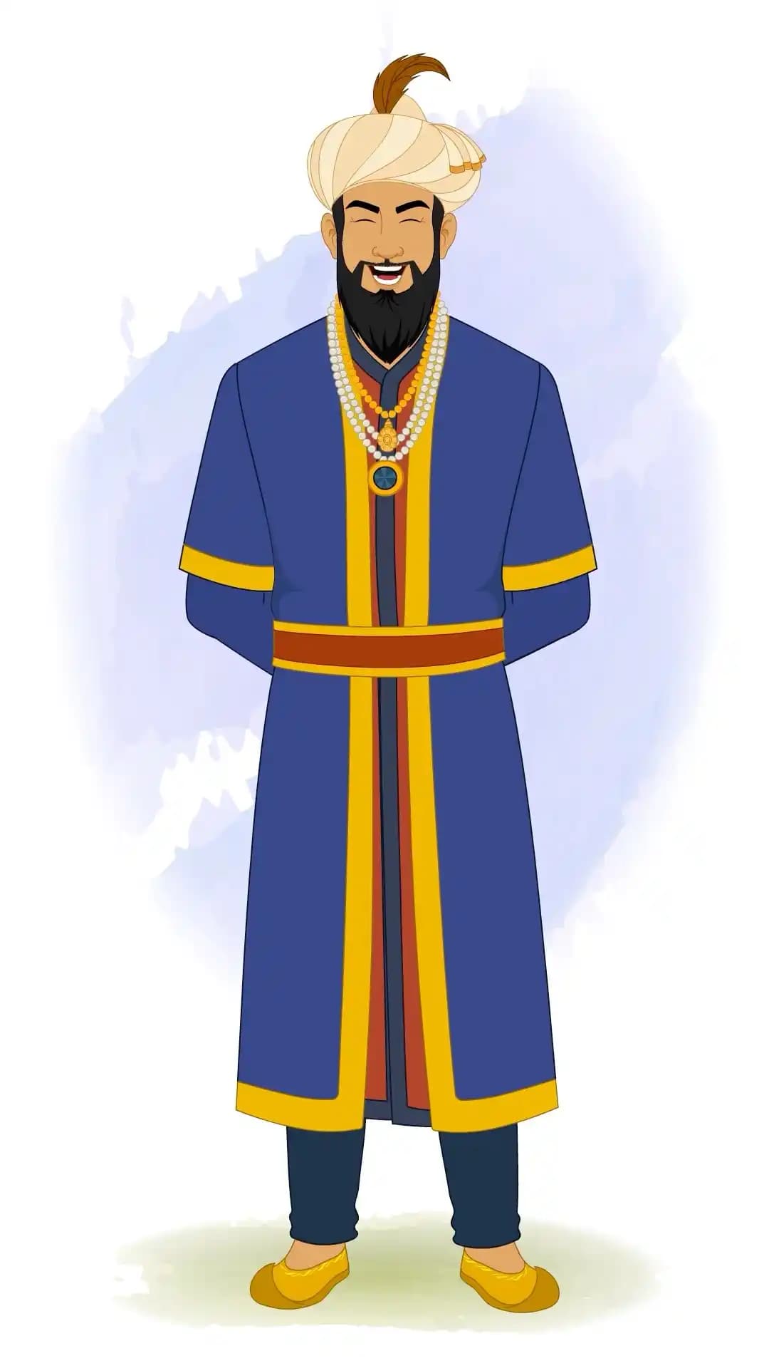 Animated vector illustration of Emperor Humayun facing forward with a joyful laugh, eyes closed in mirth, wearing a blue and gold robe and pearl-beaded turban AKA Humayun