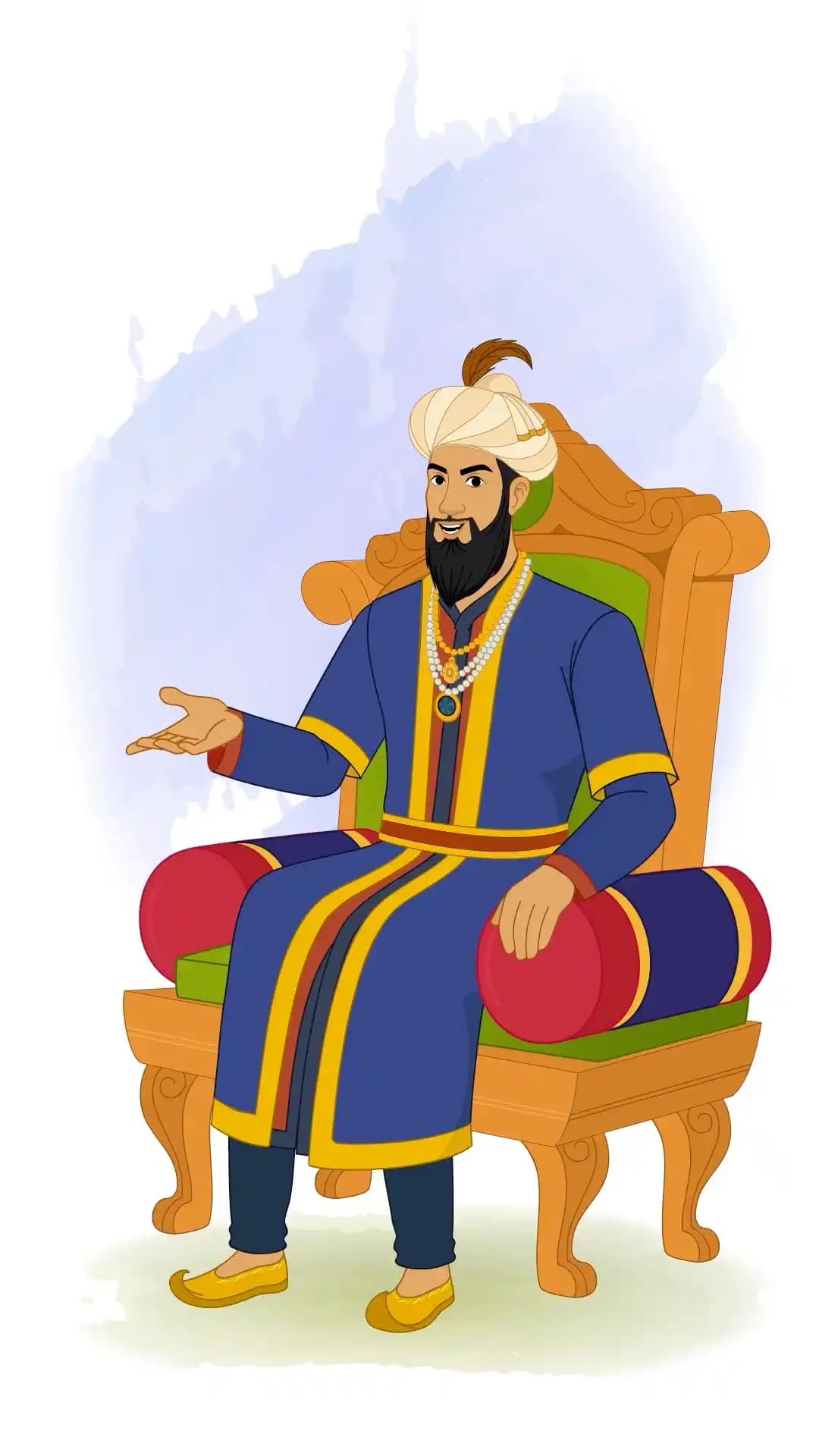 Vector illustration of Emperor Humayun seated on an ornate throne, gesturing with his right hand as if engaging in conversation, wearing a blue and gold robe with pearl necklaces and turban AKA Humayun
