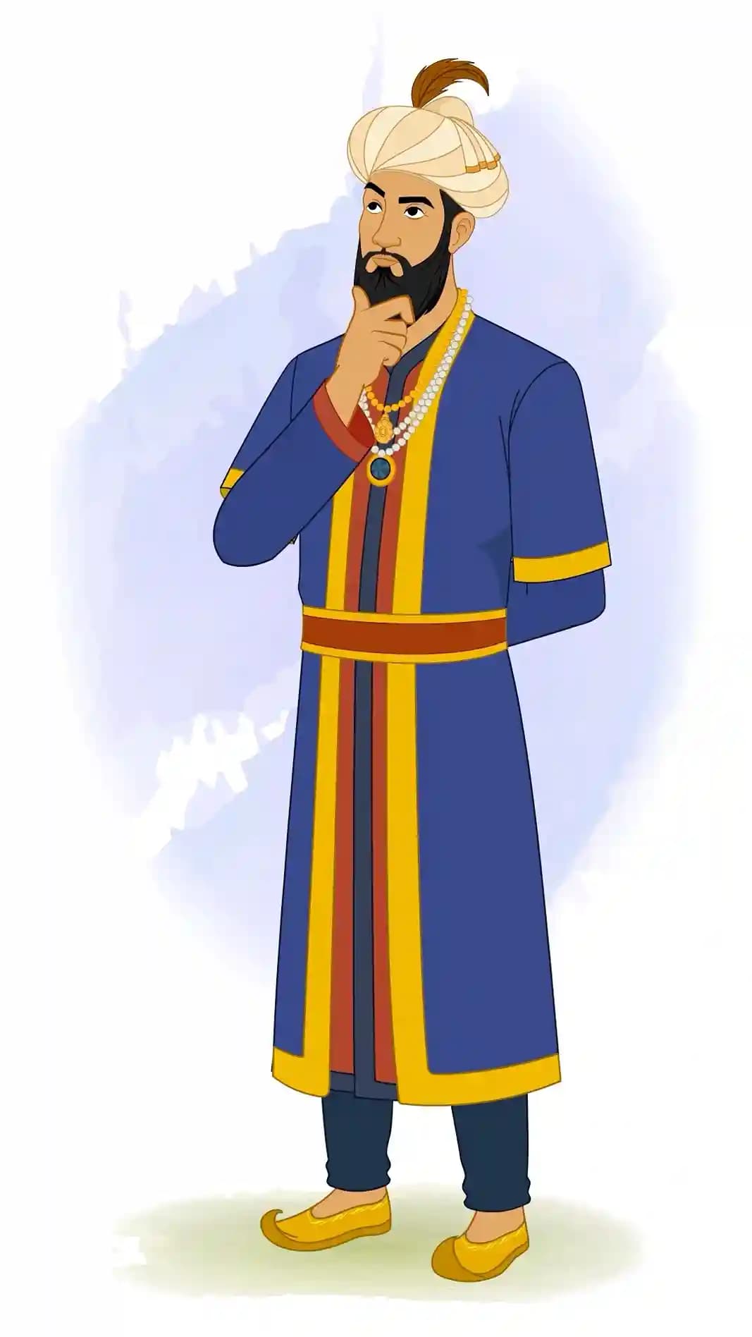 Animated vector cartoon of Emperor Humayun in a one-third view, stroking his beard thoughtfully with his right hand, dressed in regal blue and gold robes with a turban and beaded necklaces, set against a watercolor background AKA Humayun