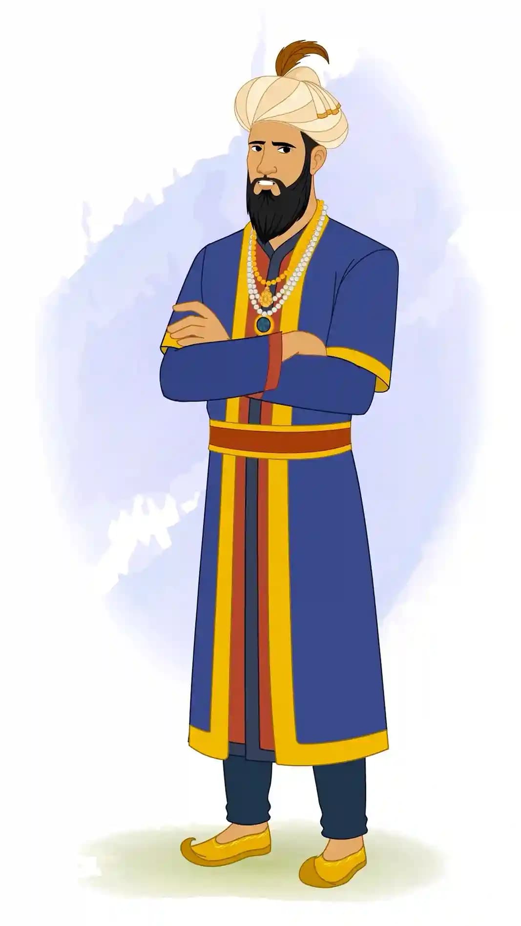 Animated vector cartoon of Emperor Humayun shown in a one-third view with arms crossed and an annoyed expression, dressed in regal blue and gold robes with a turban and beaded necklaces AKA Humayun