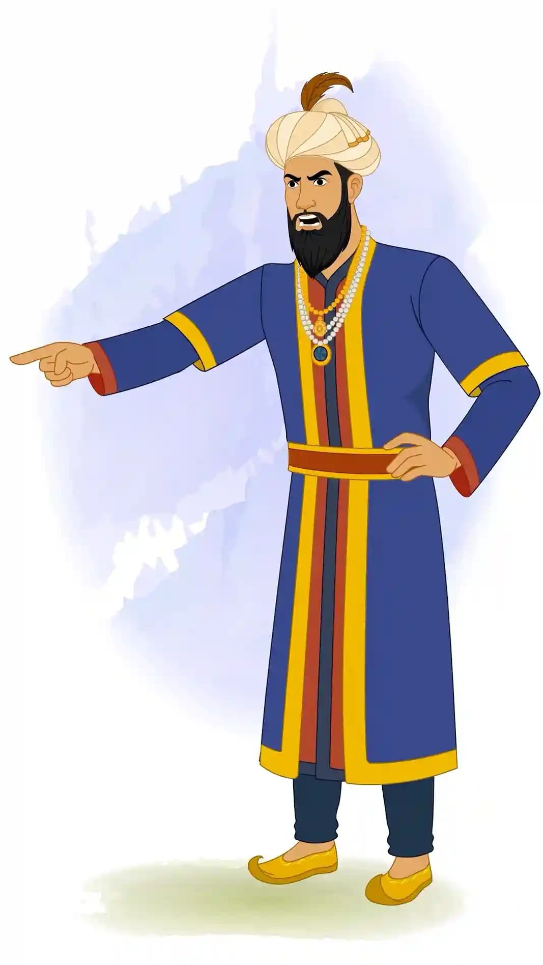 Animated vector of Emperor Humayun shown in a one-third view, pointing angrily with his mouth open, wearing a blue and gold robe and beaded turban AKA Humayun