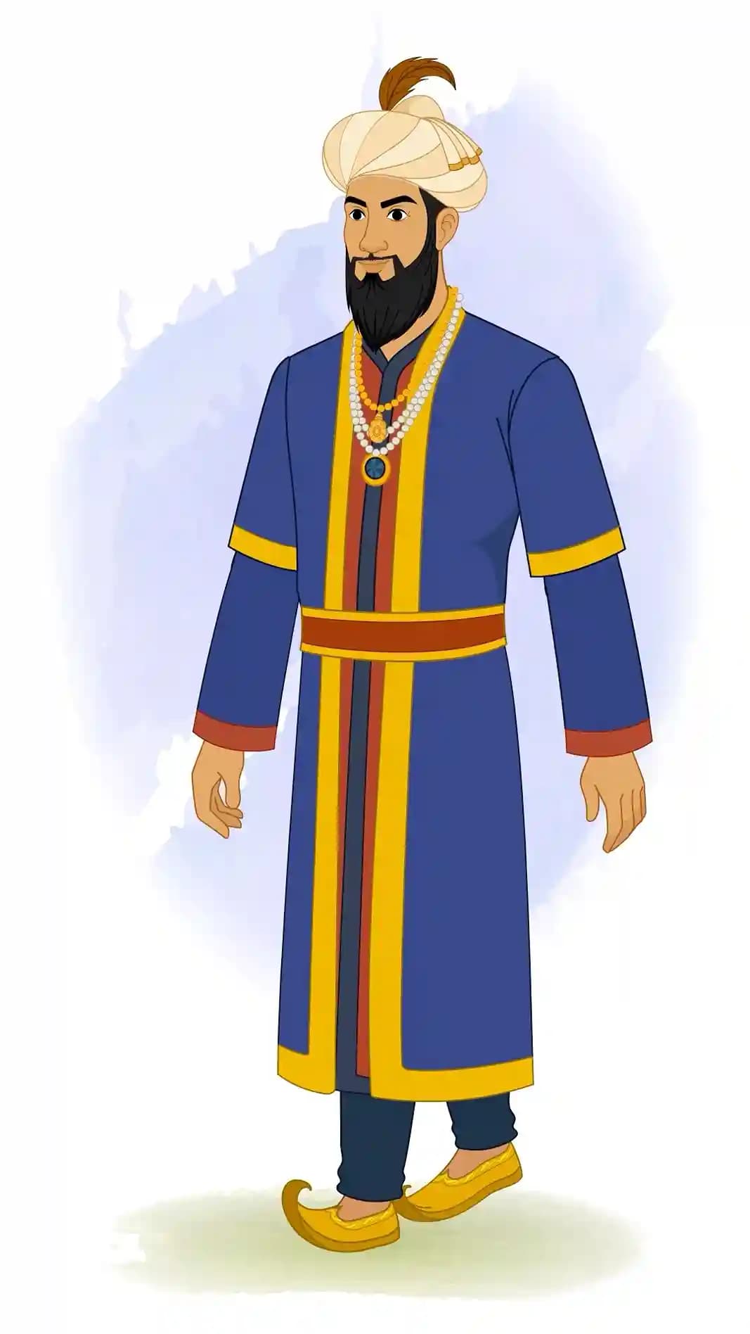 Animated vector of Emperor Humayun shown in a one-third back-view walking pose, wearing a blue and gold robe and pearl-beaded turban AKA Humayun